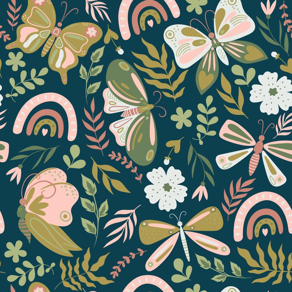 Seamless pattern with butterflies and flowers. Vector graphics.