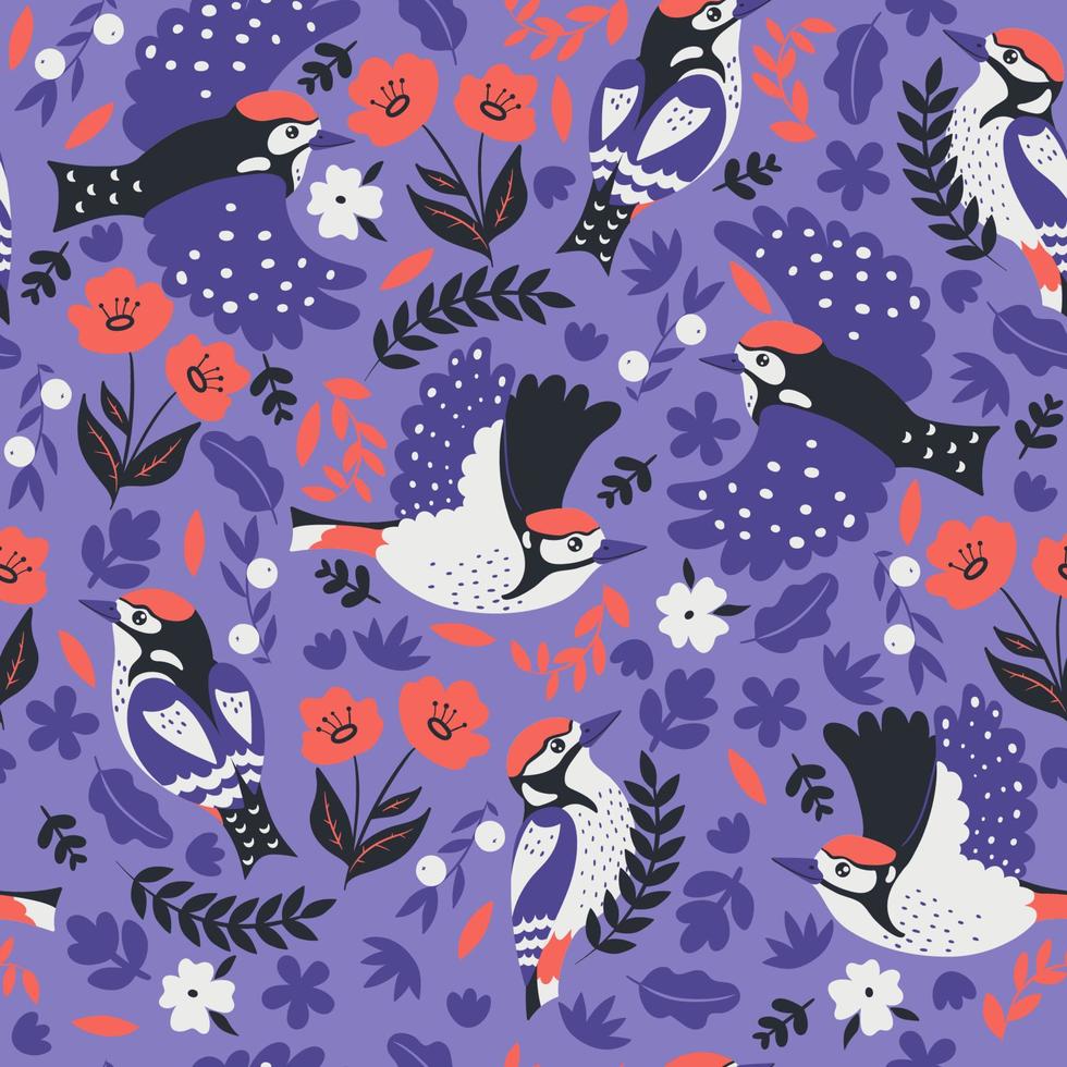 Seamless pattern with woodpeckers and flowers. Vector graphics