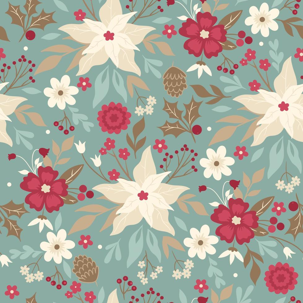 Seamless Christmas pattern with flowers. Vector image.