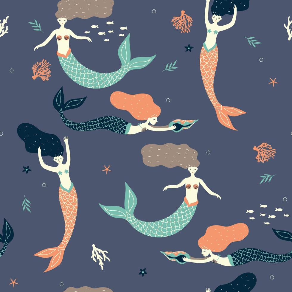 Seamless pattern with mermaids, fish, algae. Vector graphics.
