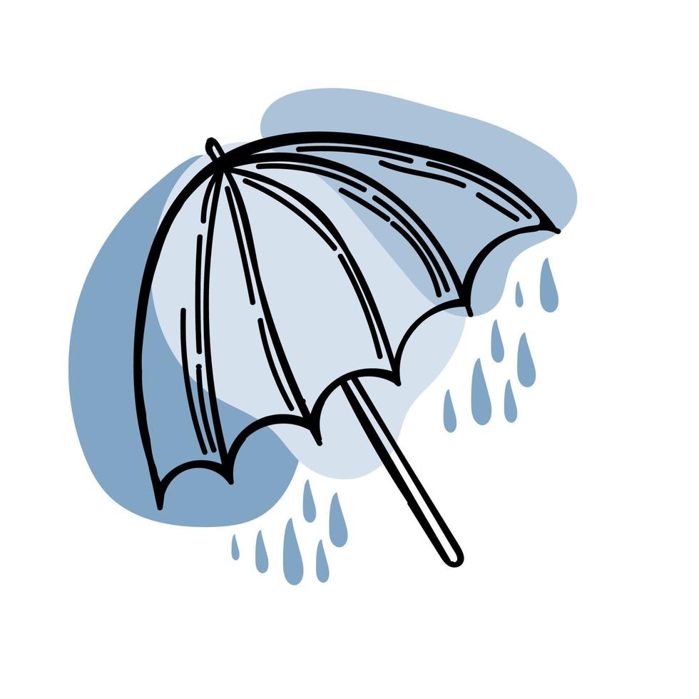 Hand-drawn umbrella in sketch style. An element of decor. Closet detail. Isolated vector on white background. Autumn. Drops. Rain. Flat design. Vector simple illustration