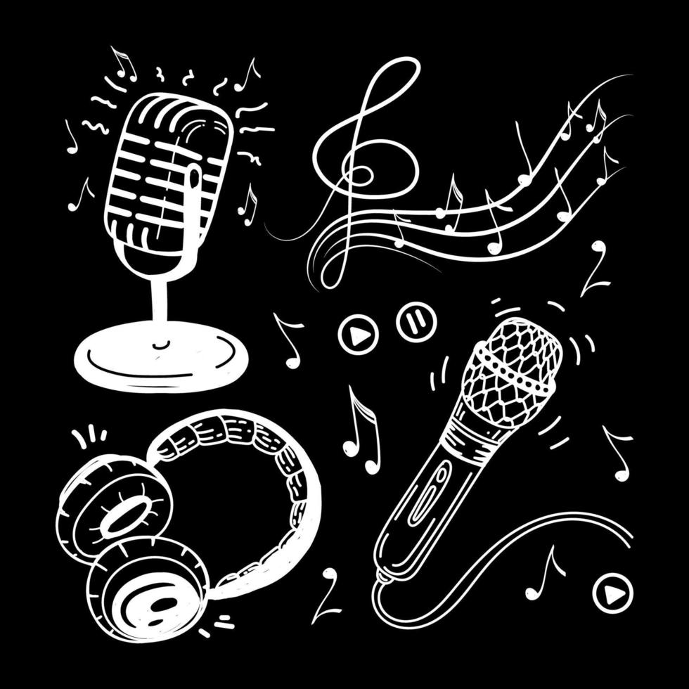 A set of hand-drawn musical elements in sketch style. Headphones, microphones, audio, violin key with notes. Vector simple illustration, isolated on black background