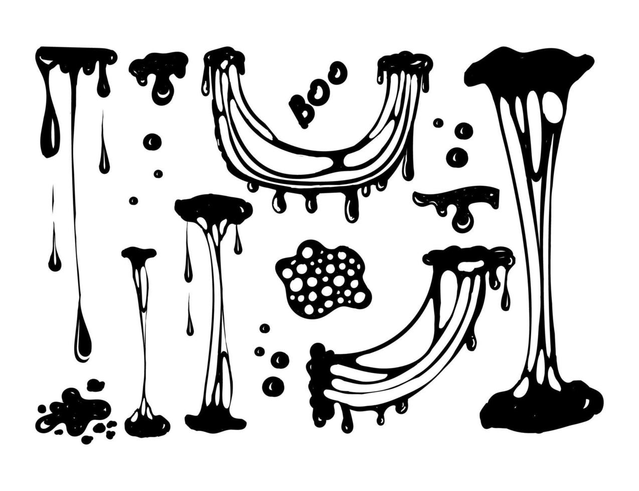 A set for working with blobs. Doodle style drawn elements. Black splashes of slime, stretching slime, toxic dripping slime. Slime splatter and droplets, liquid borders. Isolated vector shapes