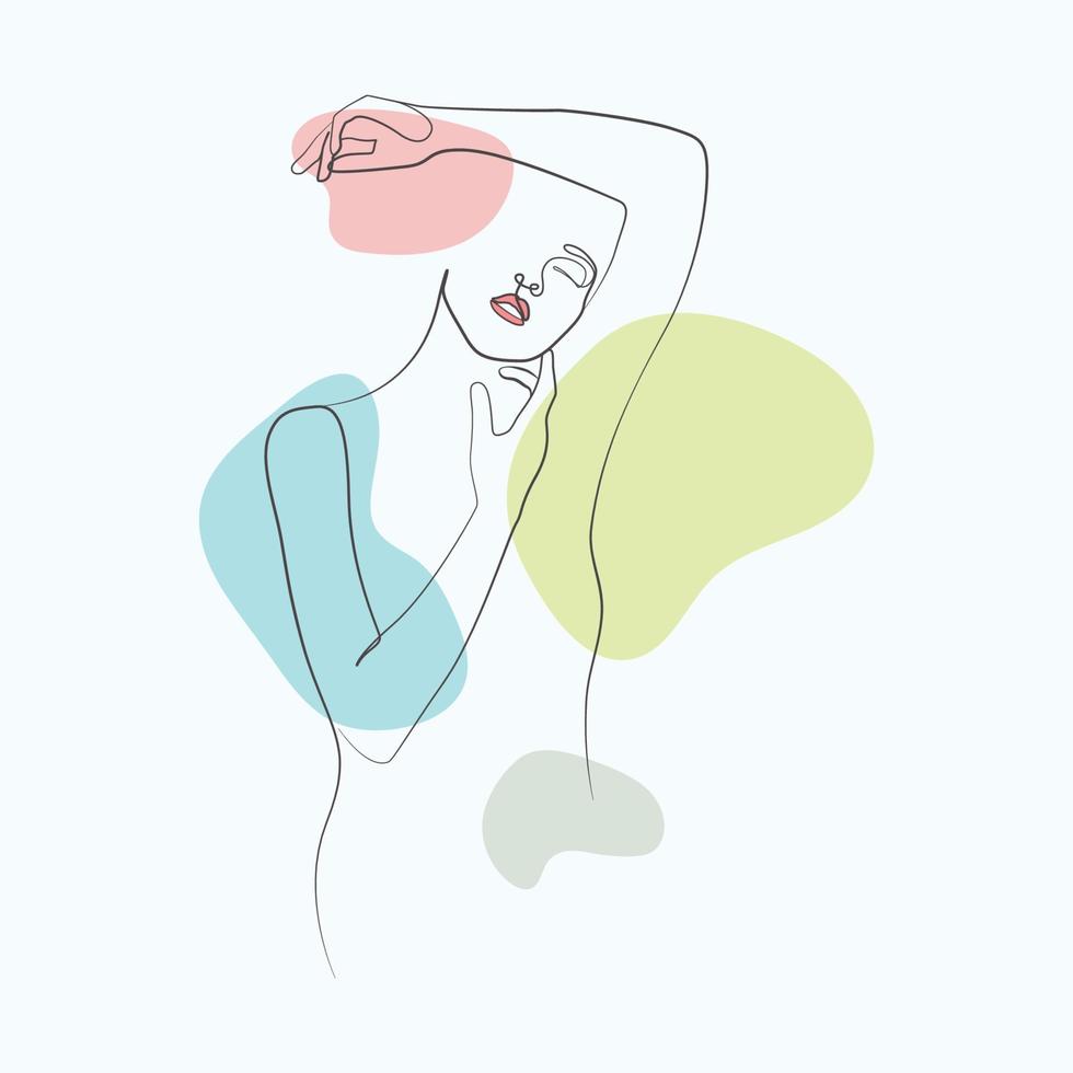 Abstract beautiful woman hand to chin female body line art soft color drawing vector art