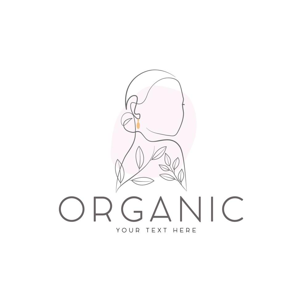 diseño de logotipo de arte de línea de belleza natural de cara de mujer femenina orgánica vector