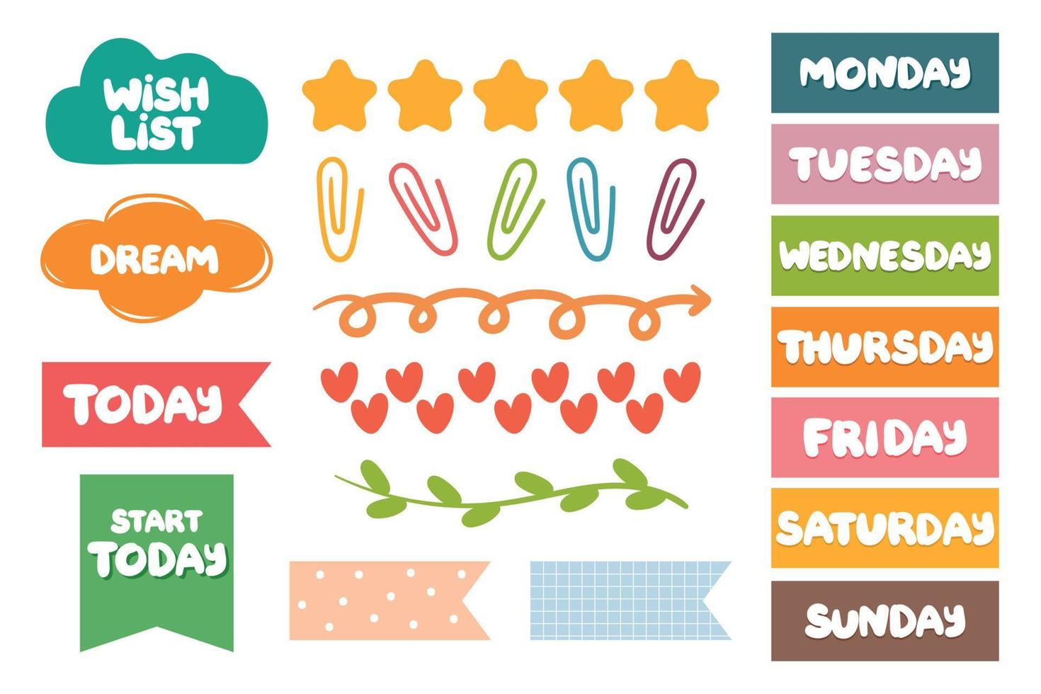collection of weekly and daily planner sticker, notes, to do list, with lettering and cute icon. template for agenda, check list, stationery vector