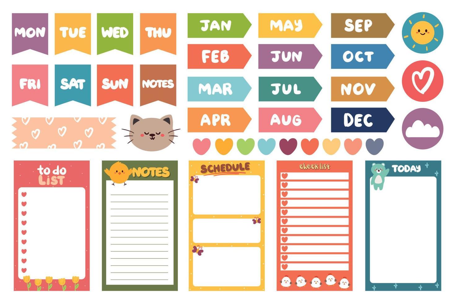 collection of weekly and daily planner sticker, notes, to do list, with lettering and cute icon. template for agenda, check list, stationery vector