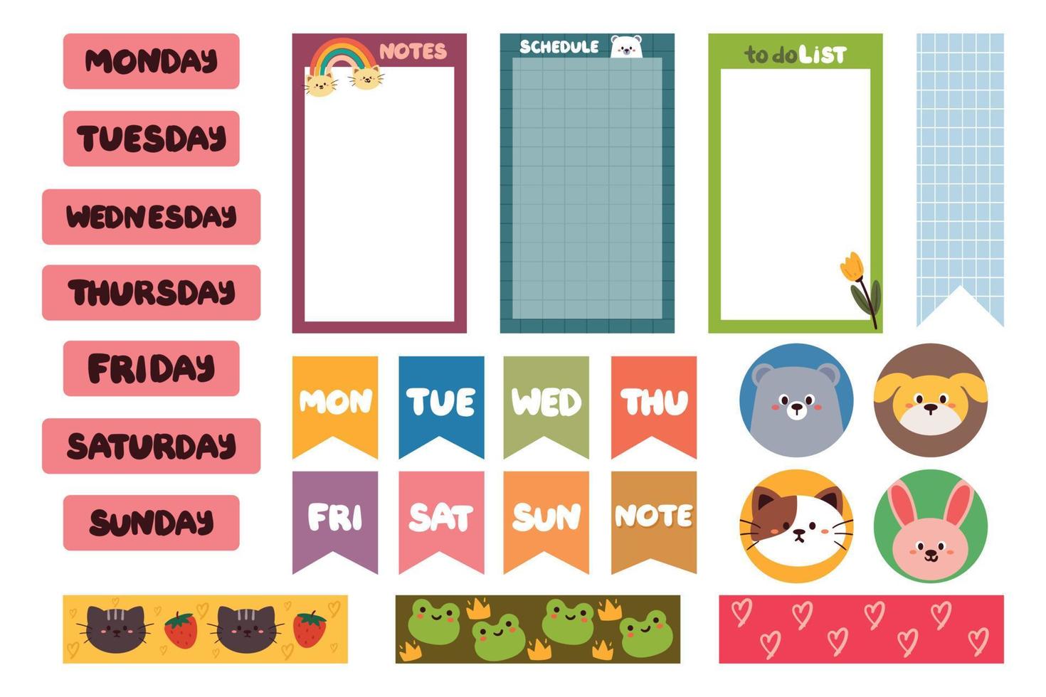 collection of weekly and daily planner sticker, notes, to do list, with lettering and cute icon. template for agenda, check list, stationery vector