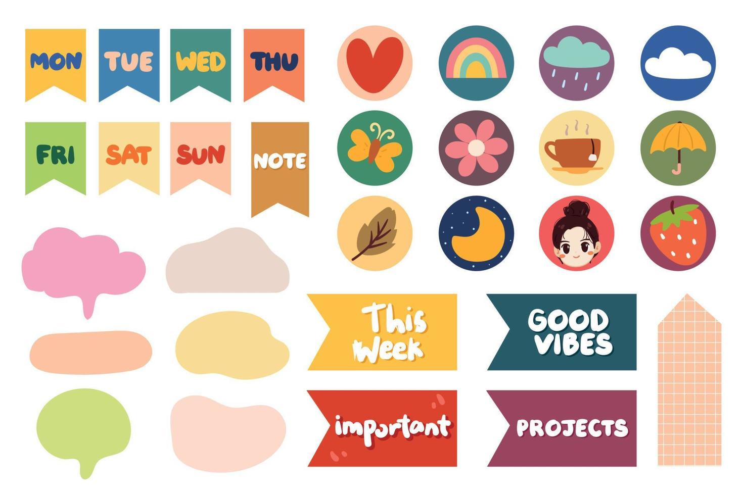 collection of weekly and daily planner sticker, notes, to do list, with lettering and cute icon. template for agenda, check list, stationery vector