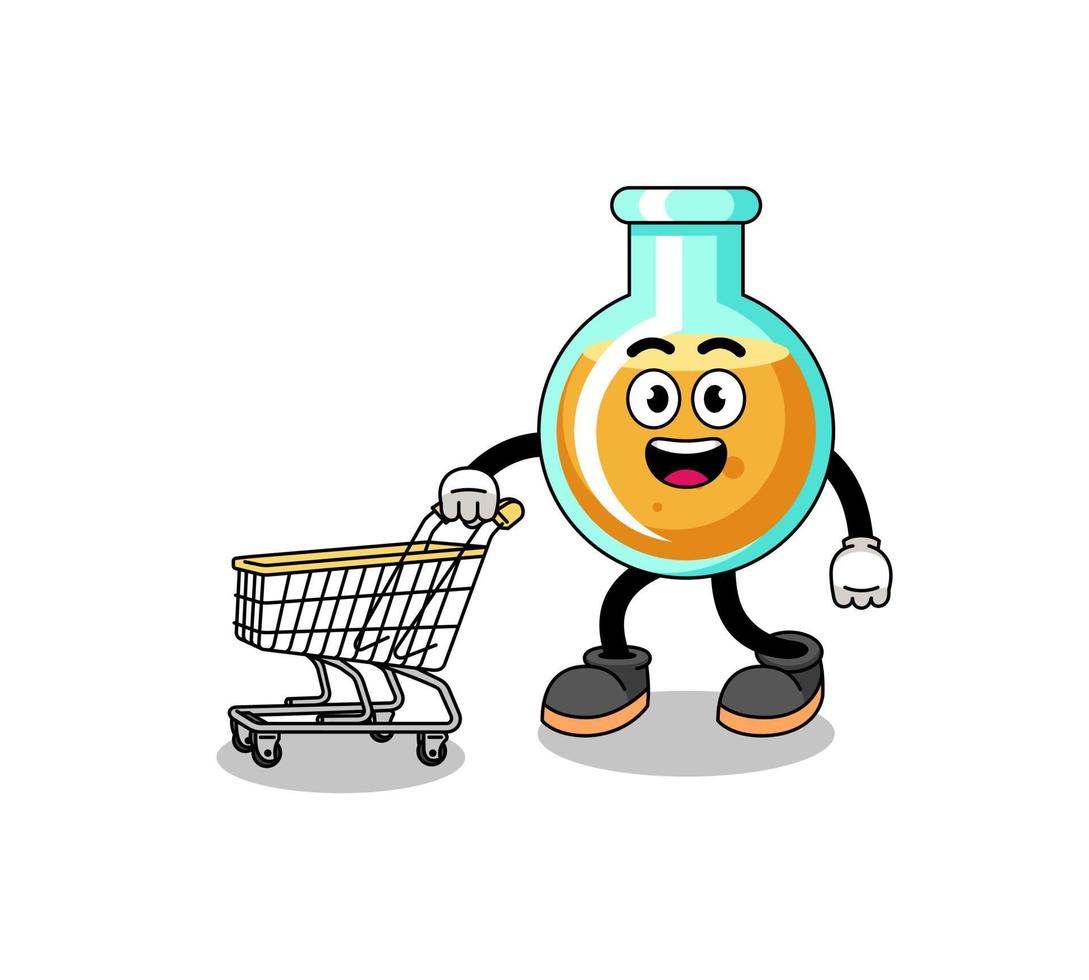 Cartoon of lab beakers holding a shopping trolley vector