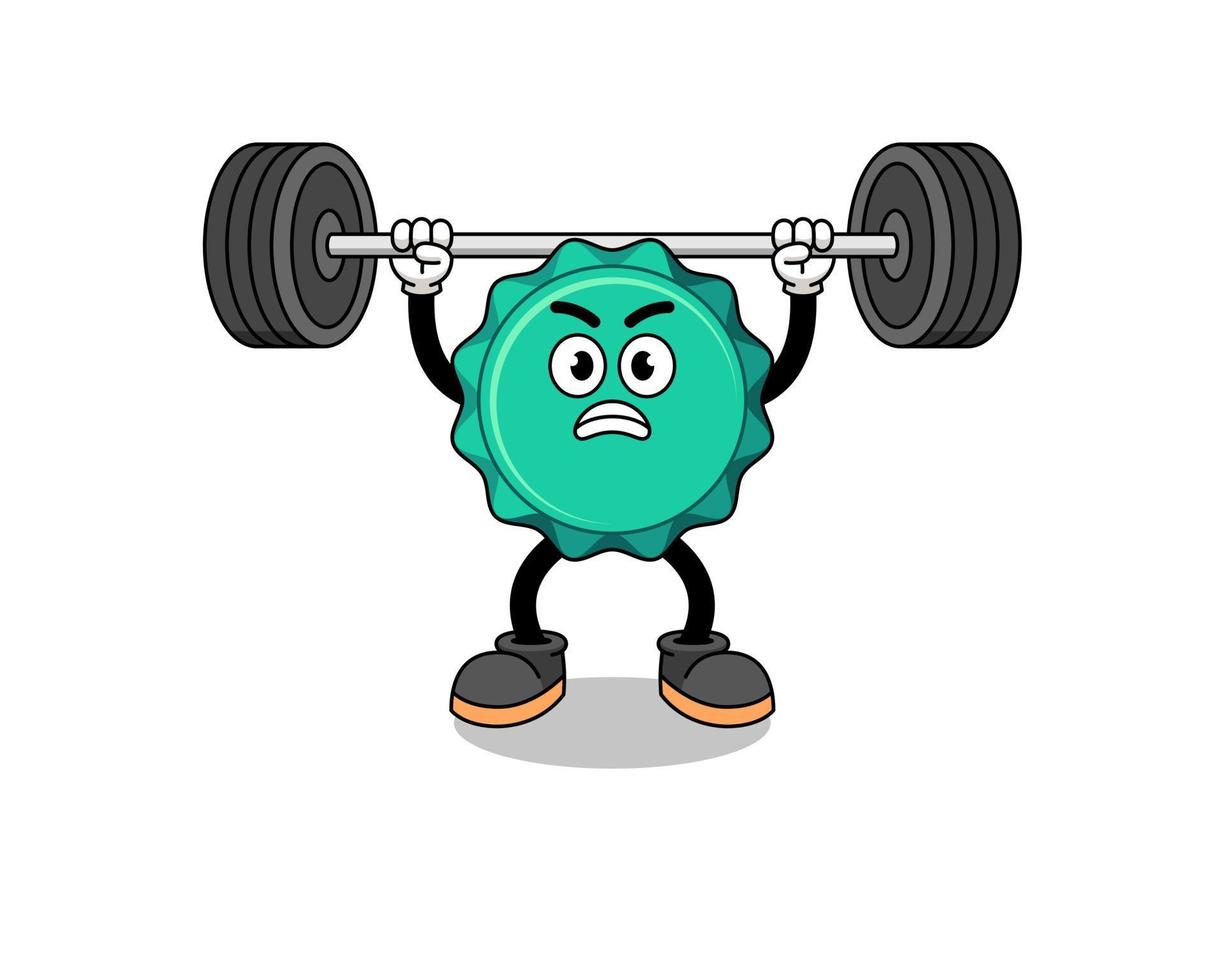 bottle cap mascot cartoon lifting a barbell vector