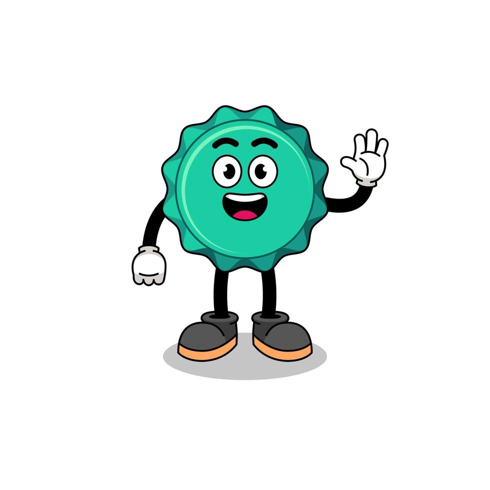 bottle cap cartoon doing wave hand gesture vector