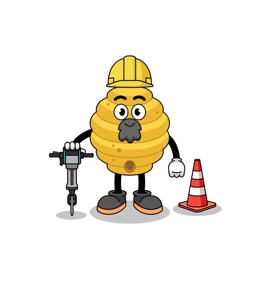 Character cartoon of bee hive working on road construction vector