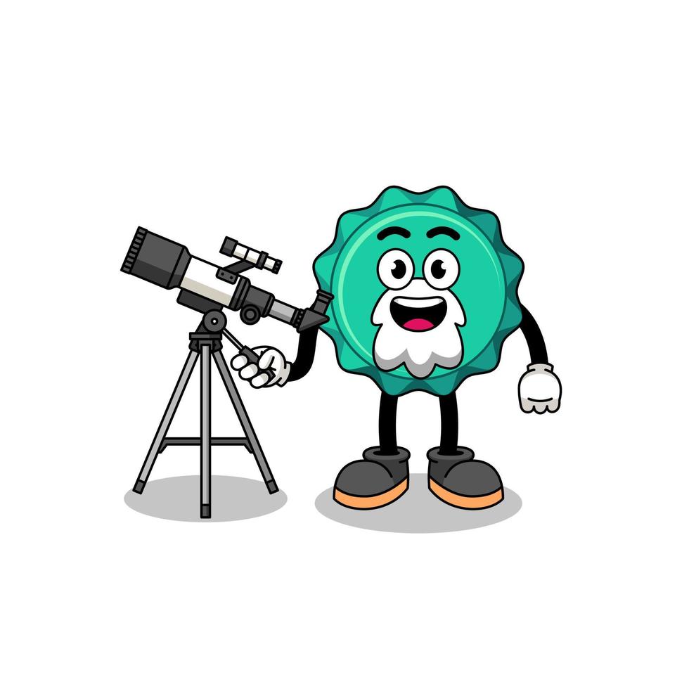 Illustration of bottle cap mascot as an astronomer vector