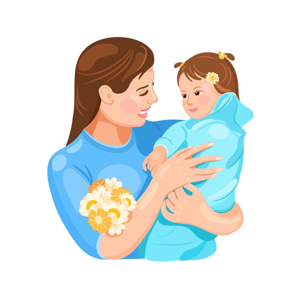 Mom holds the child in her arms. Motherhood and child care. Flat vector illustration isolated on white background
