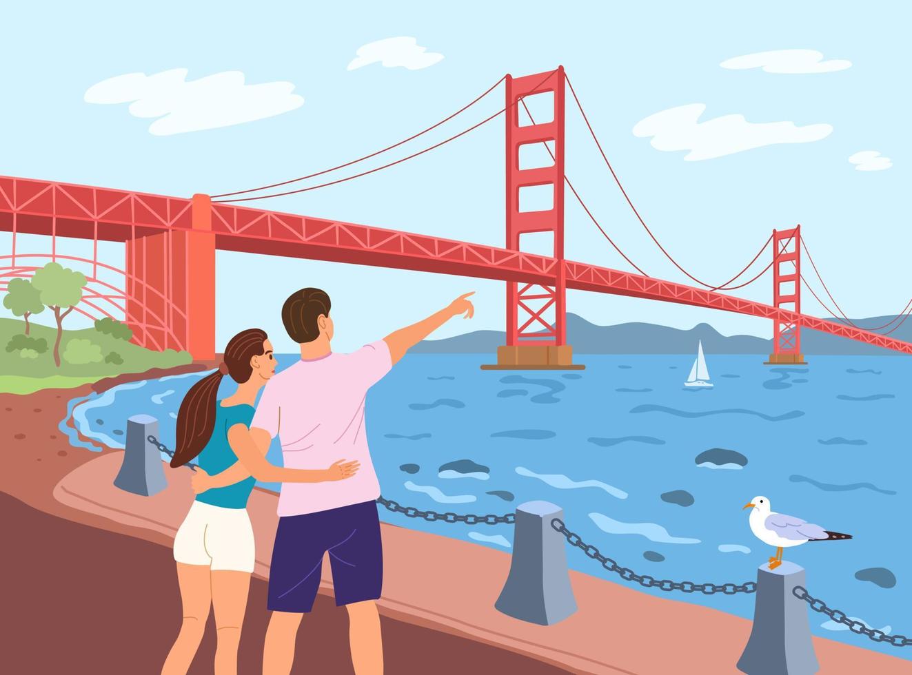 puente golden gate a través del estrecho. San Francisco. el niño y la niña están mirando el puente. ilustración vectorial vector
