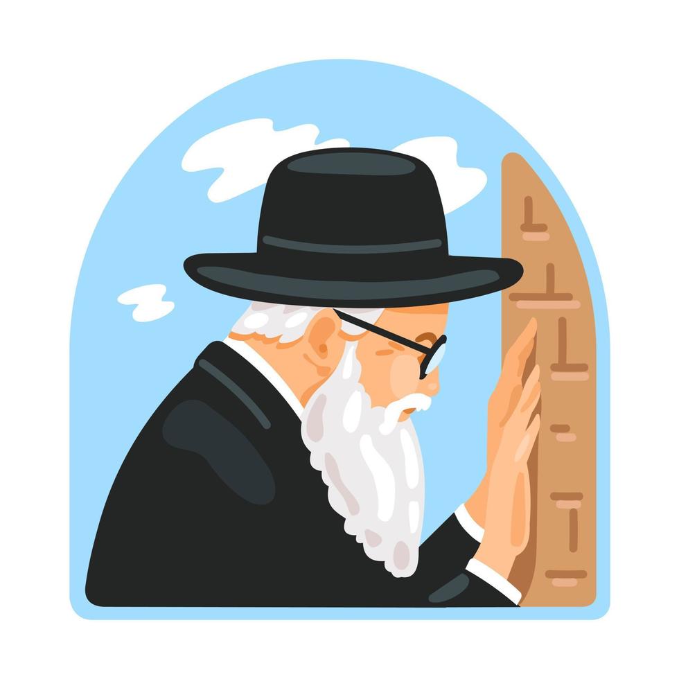 An old Jew prays at the Wailing Wall in Jerusalem. The greatest shrine of Judaism. Vector illustration