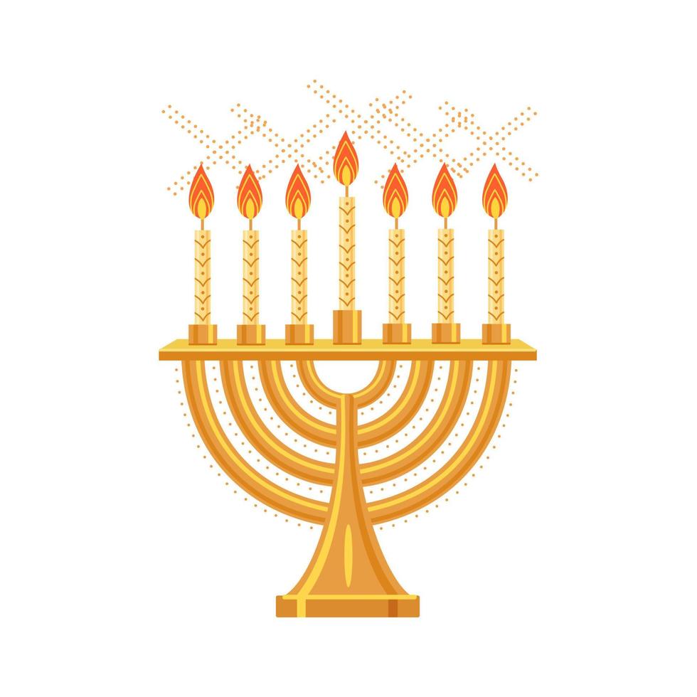 Menorah. Menorah flat illustration. Hanukkah candlestick. A golden seven-horned lamp, or a candlestick for seven candles. Vector illustration isolated on white background