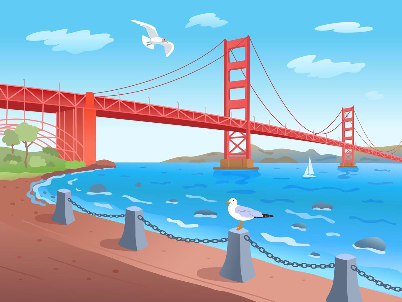 Bridge Golden Gate across the strait. One of the most recognizable bridges in the world. City of San Francisco. Vector flat illustration.