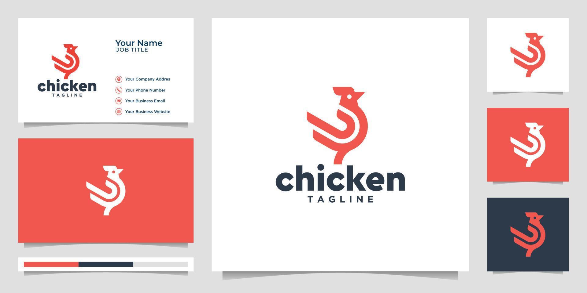 gallo de pollo. diseño de logotipo, concepto con tarjeta de visita. vector premium