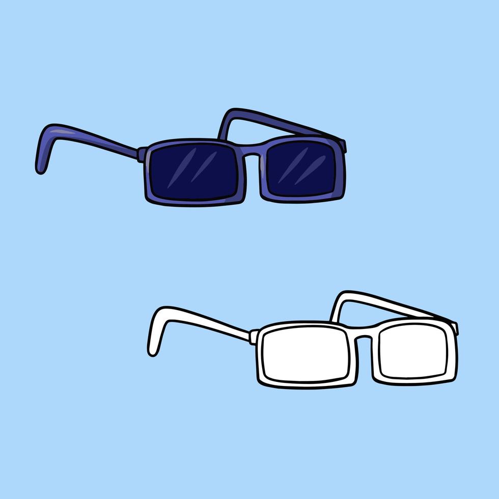 A set of pictures, dark blue sunglasses for outdoor recreation, vector illustration in cartoon style on a colored background