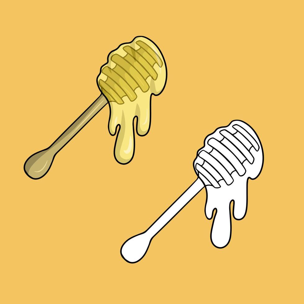 A set of pictures, Honey dripping from a honey stick, a wooden spoon for honey, a vector illustration in cartoon style on a colored background