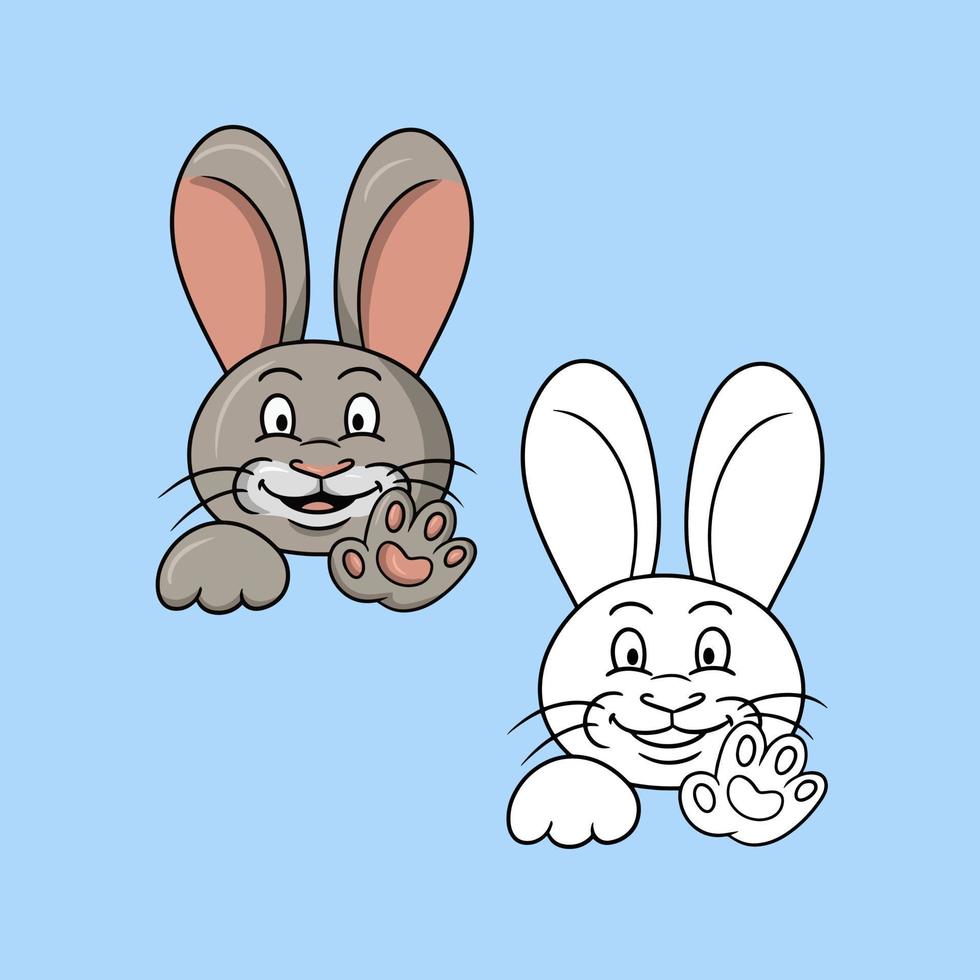 un conjunto de imágenes, un conejo divertido y lindo sonriendo y agitando su pata, ilustración vectorial en estilo de dibujos animados en un fondo de color vector