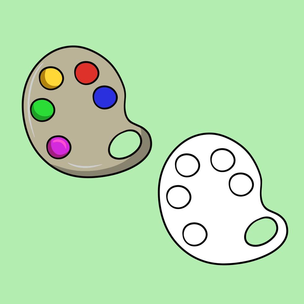 A set of pictures, an oval palette with multicolored paints, a drawing tool, a cartoon vector illustration on a colored background