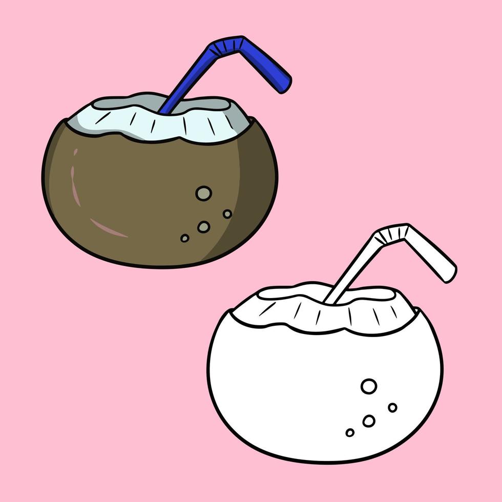 A set of pictures, an exotic drink, coconut juice with a straw, a vector illustration in cartoon style on a colored background