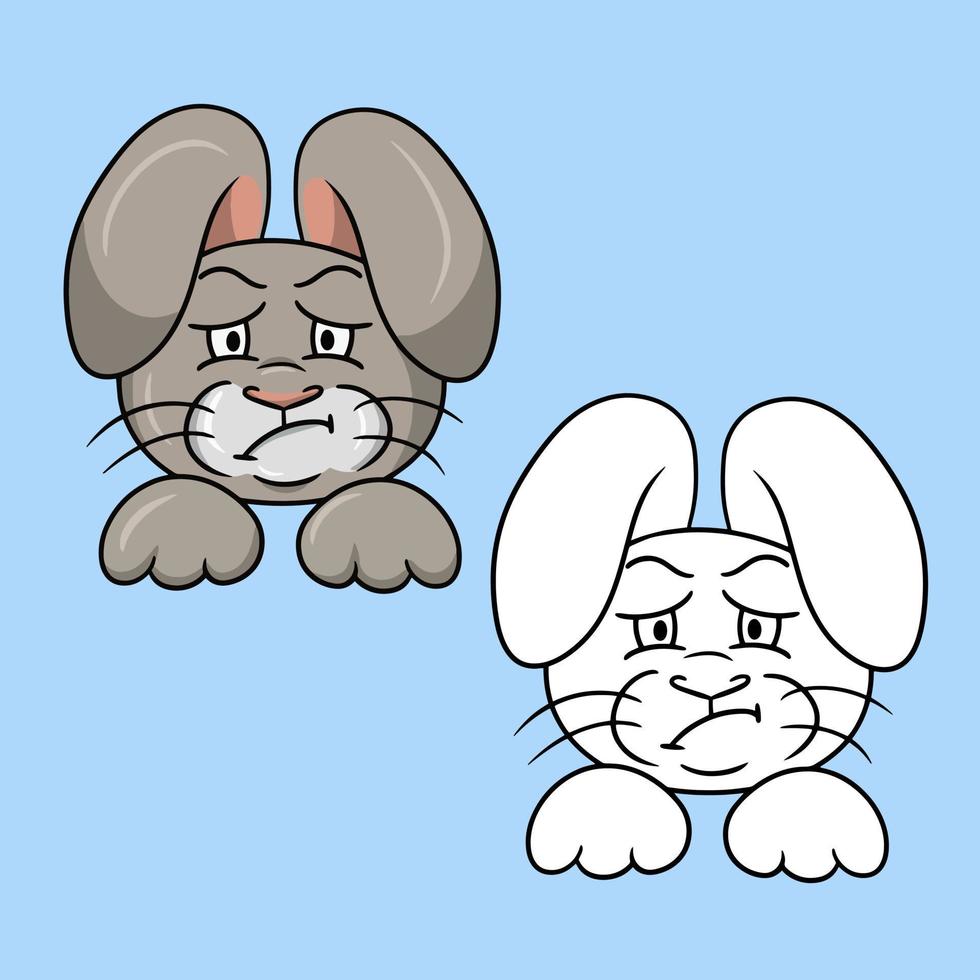 A set of pictures, an angry gray rabbit, animal emotions, a disgruntled hare, a vector illustration in cartoon style on a colored background
