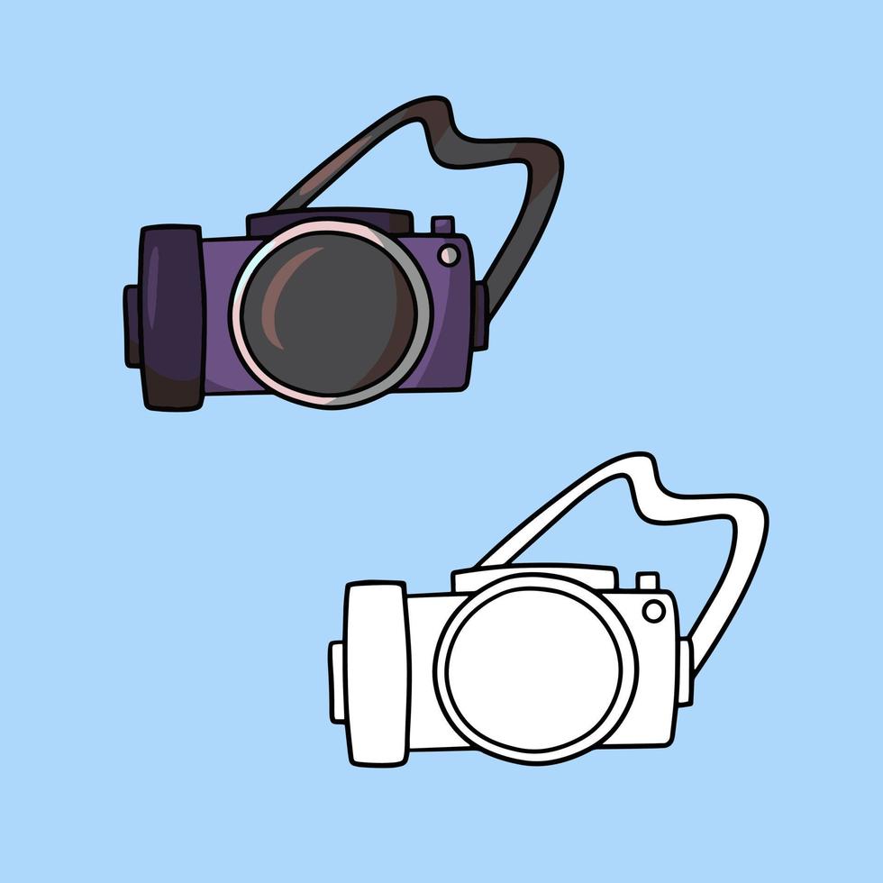 un conjunto de imágenes, una cámara con una lente grande, para viajar, una ilustración vectorial de dibujos animados en un fondo coloreado vector