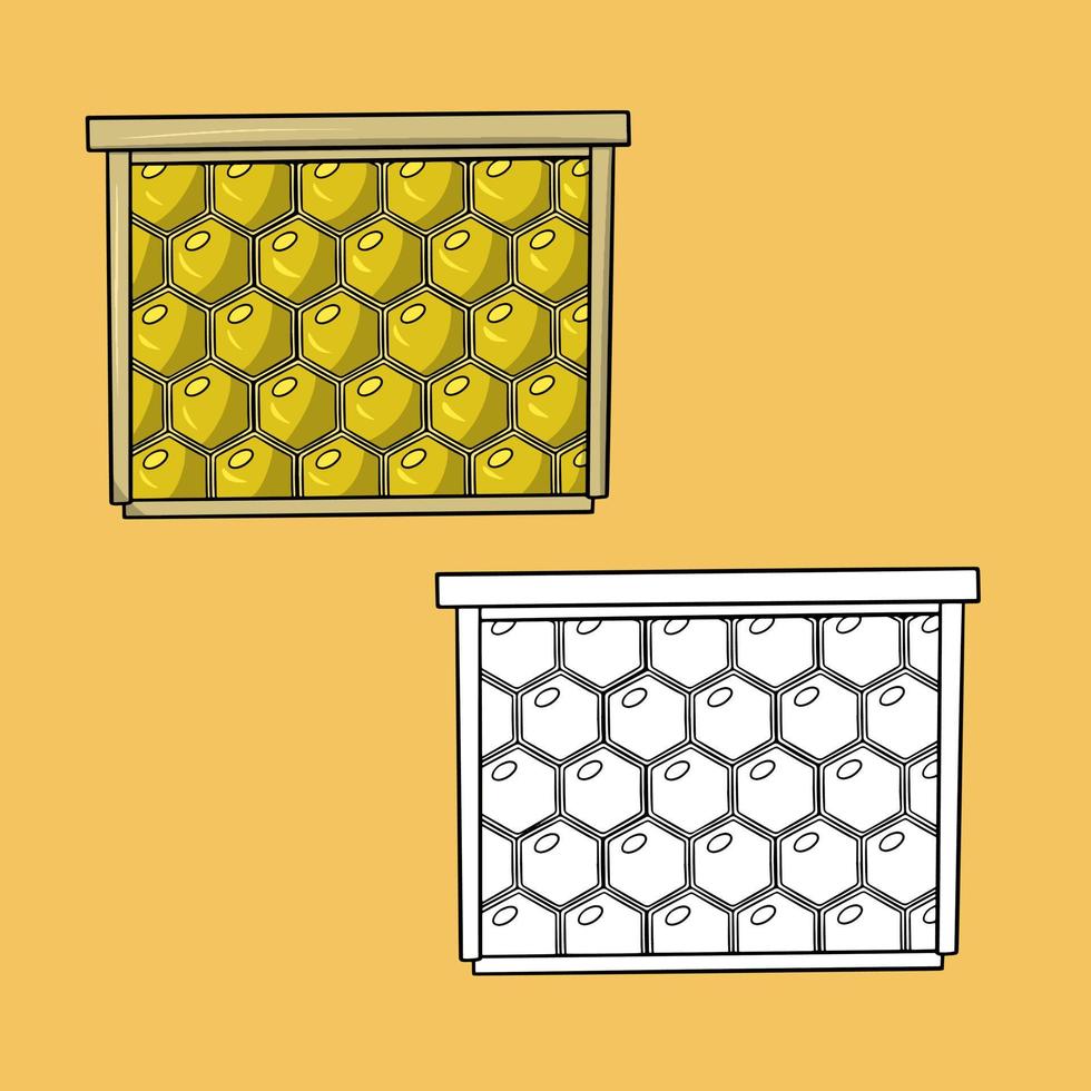 A set of pictures, a wooden frame for bright yellow honeycomb with honey, a vector illustration in cartoon style on a colored background