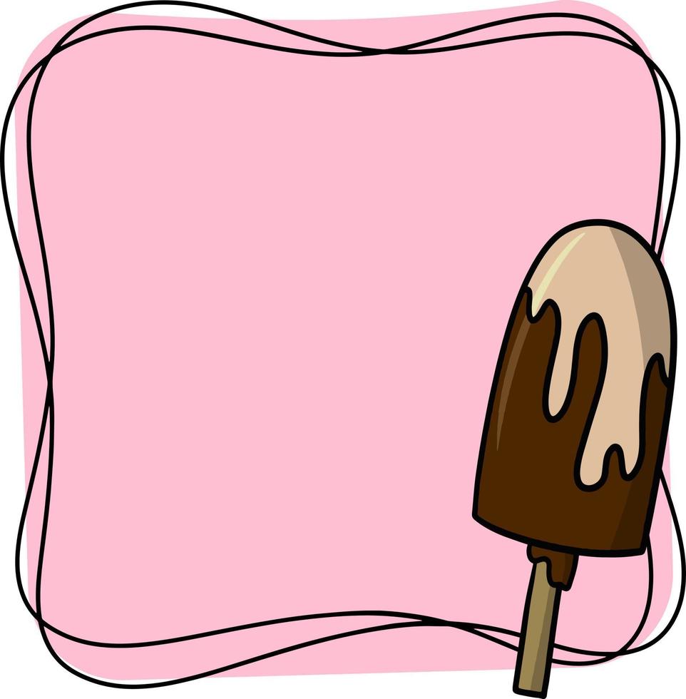 Square pink frame copy space, chocolate ice cream on a stick, popsicle. Vector illustration, cartoon style