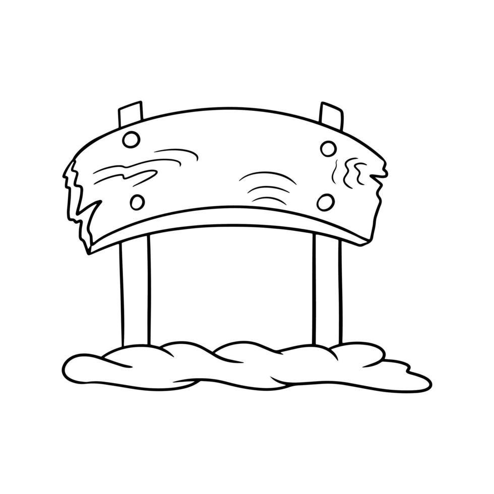 Monochrome picture, A large old wooden sign on two pillars, a stand with snow, a vector illustration in cartoon style on a white background