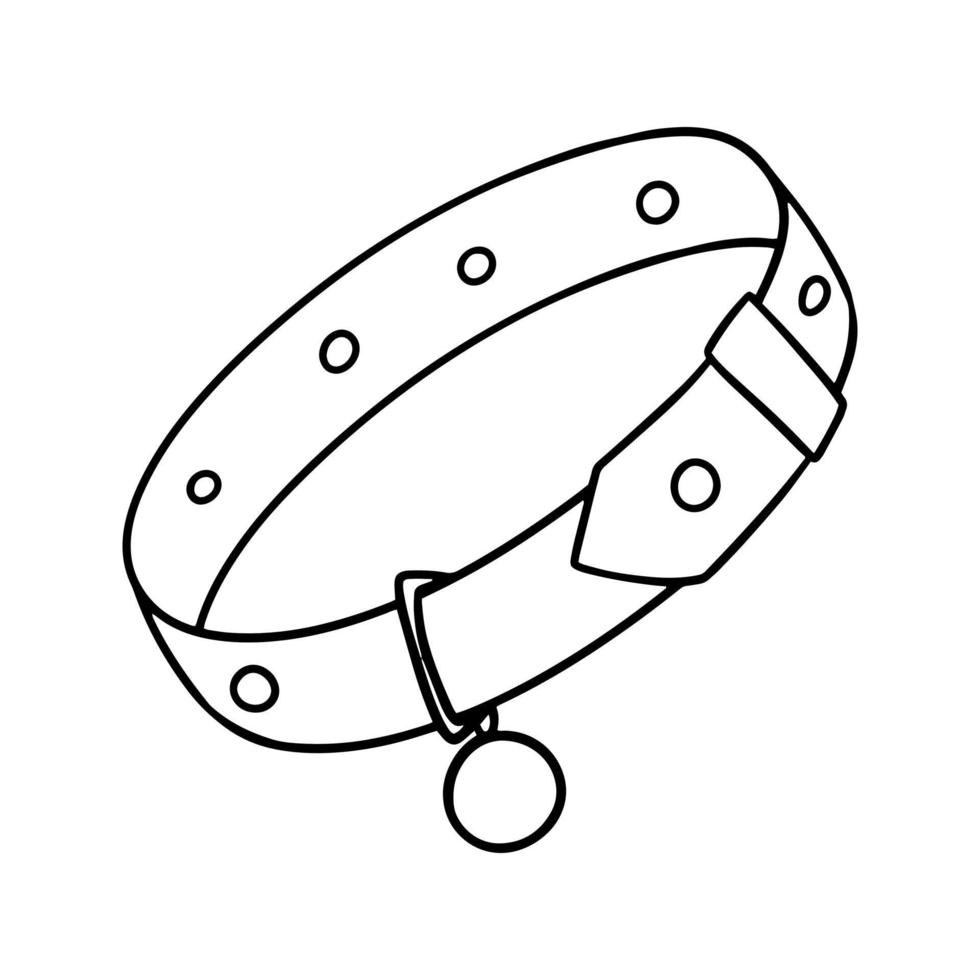 Monochrome picture, leather dog collar with tag, vector illustration in cartoon style on white background