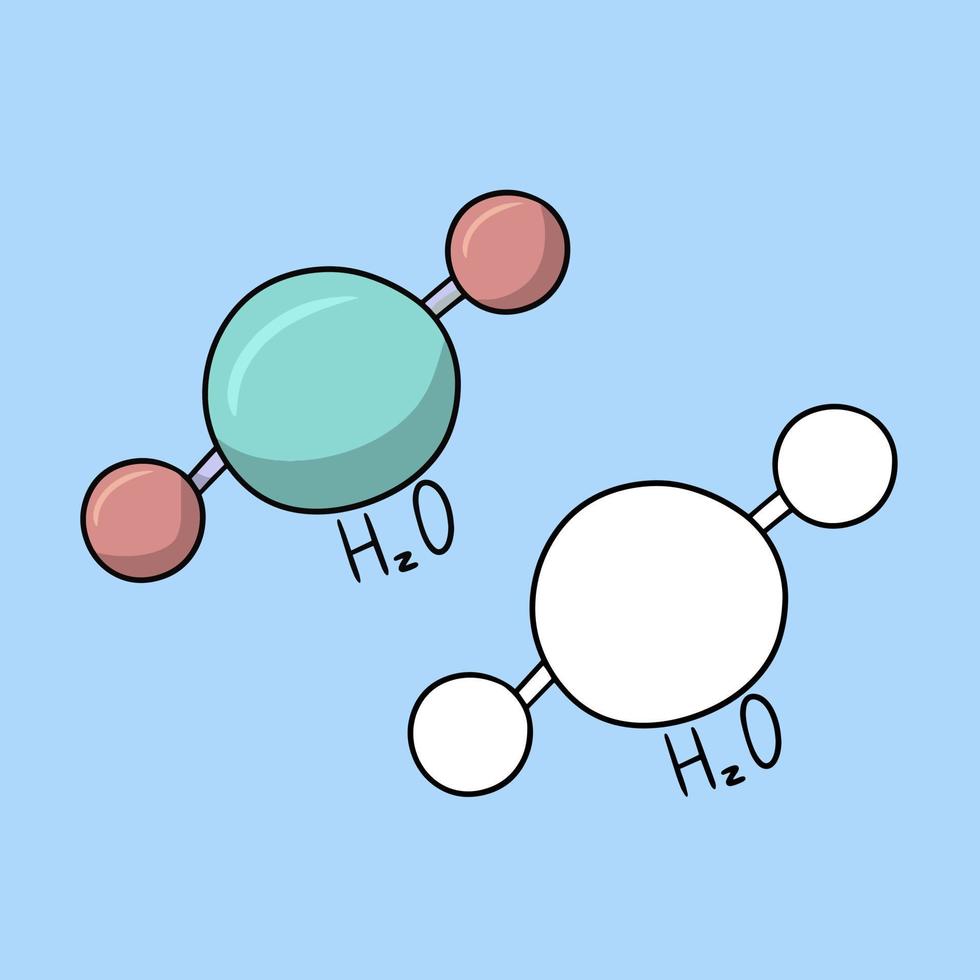 A set of pictures, a diagram of the structure of a water molecule, a vector illustration in cartoon style on a colored background