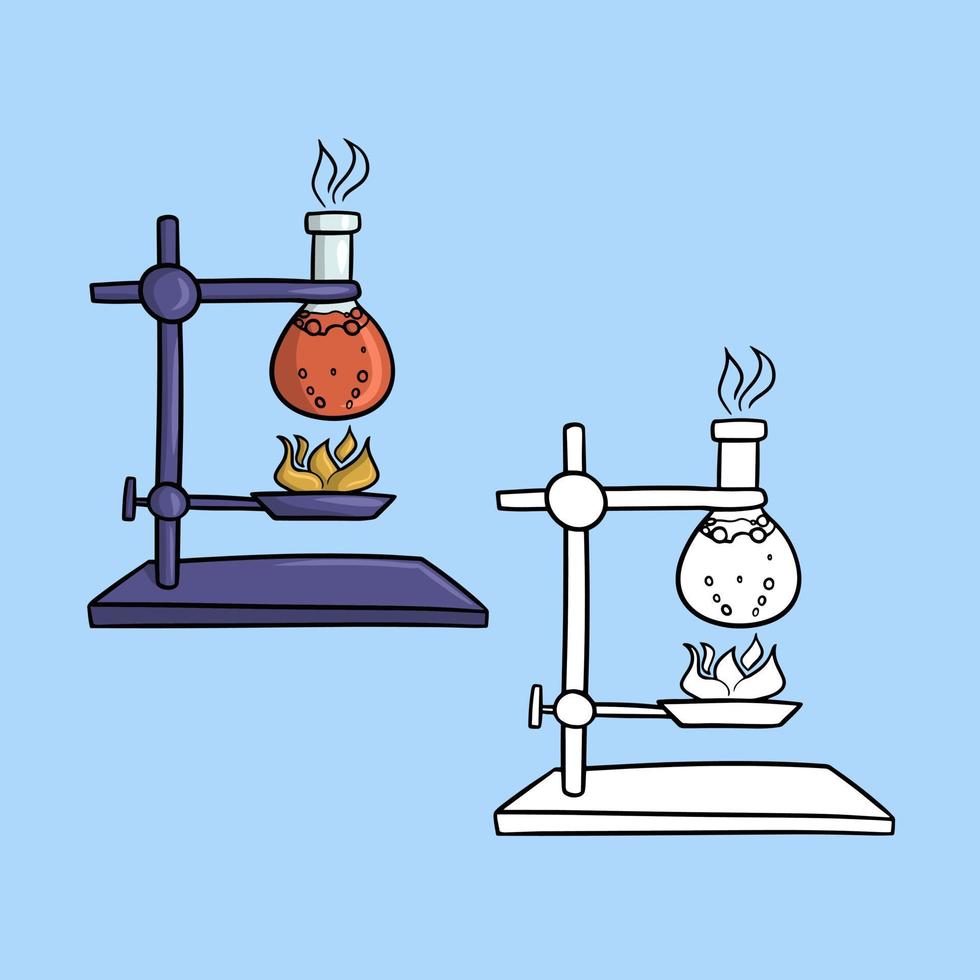 A set of pictures, a chemical experiment with heating a solution, a glass flask with boiling liquid, a vector illustration in cartoon style on a colored background
