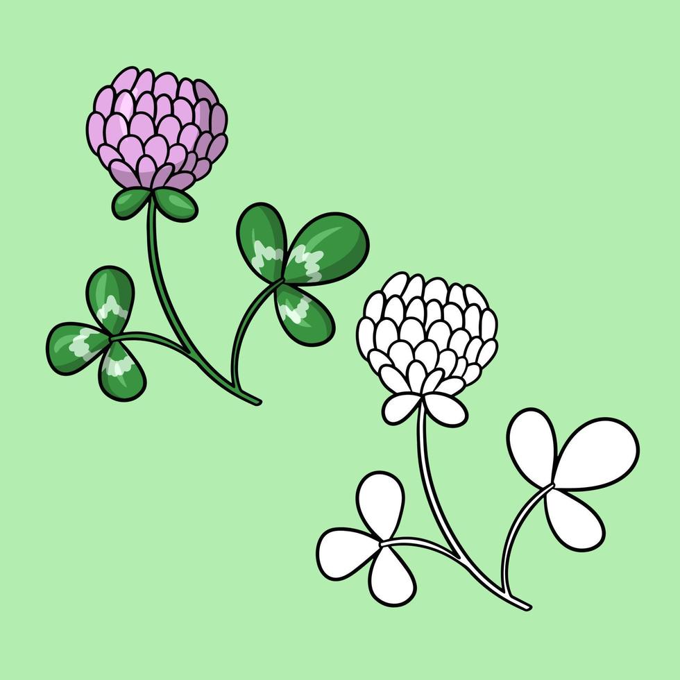 A set of pictures, a pink clover flower with leaves, a flower for collecting honey, a vector in cartoon style on a colored background