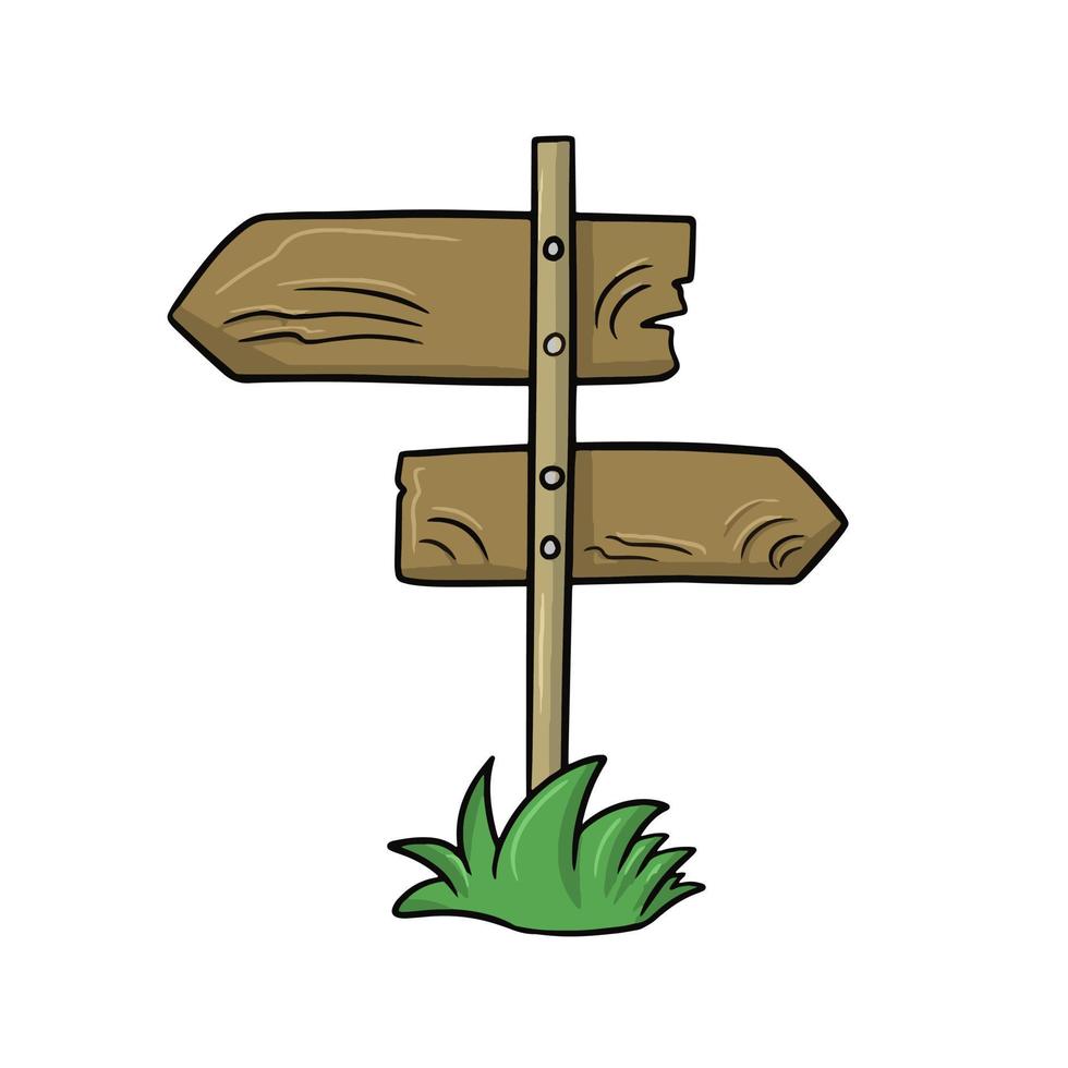 Wooden pole with pointers, worn pointers standing on the grass, vector illustration in cartoon style on a white background