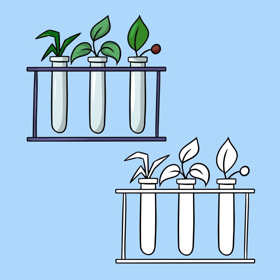 A set of pictures, a biological experiment with plants, glass test tubes on a stand, a vector cartoon illustration on a colored background