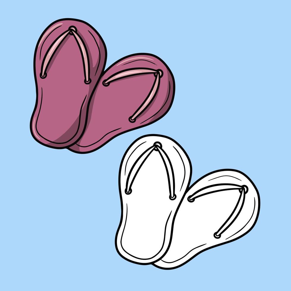 A set of pictures, pink beach slippers, pool shoes, travel accessories, vector cartoon illustration on a colored background