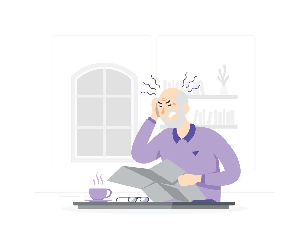 Stressed old man suffering from headache, holding head vector