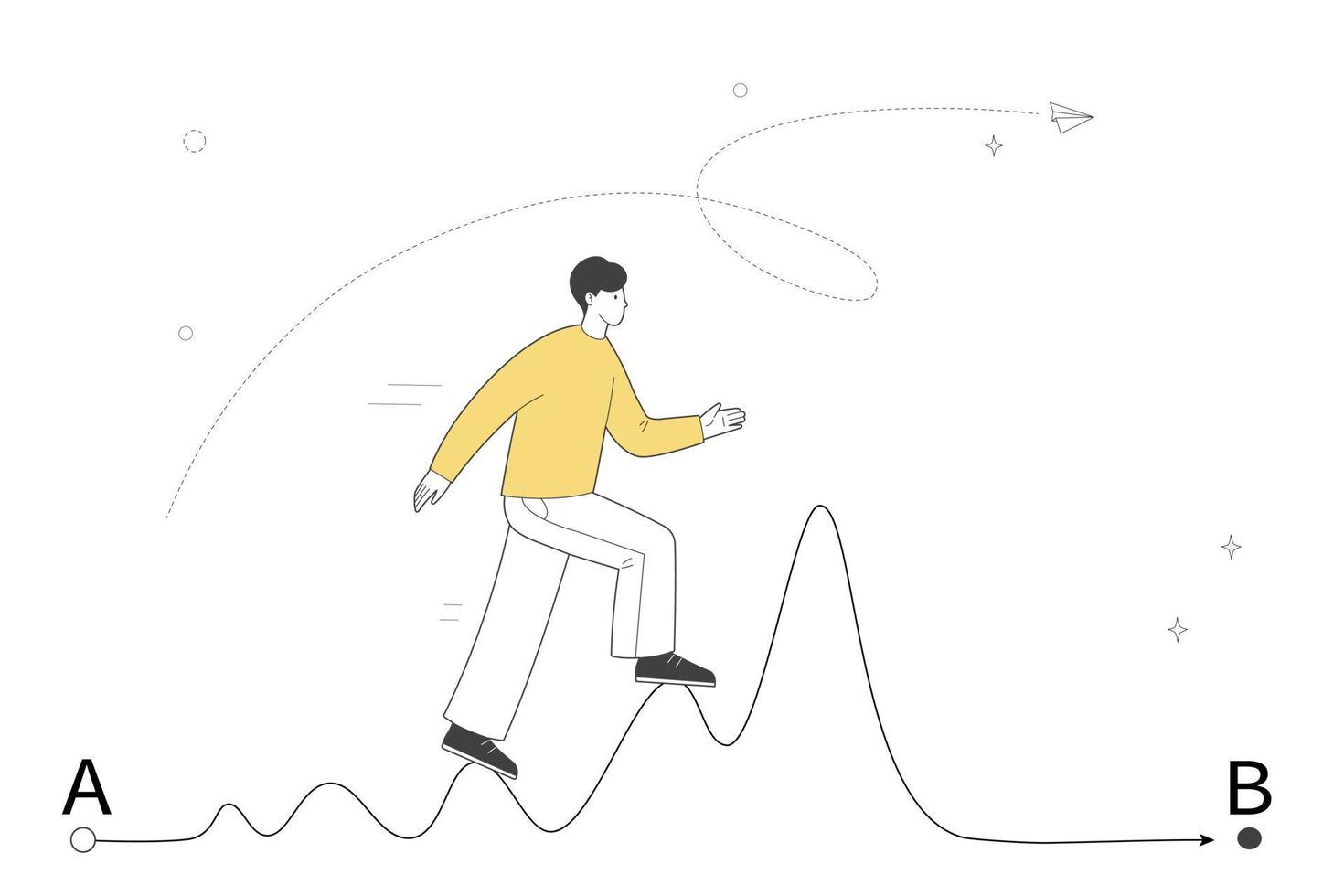 Difficult path to the goal. The path with obstacles from point A to point B. Person goes to his goal. vector