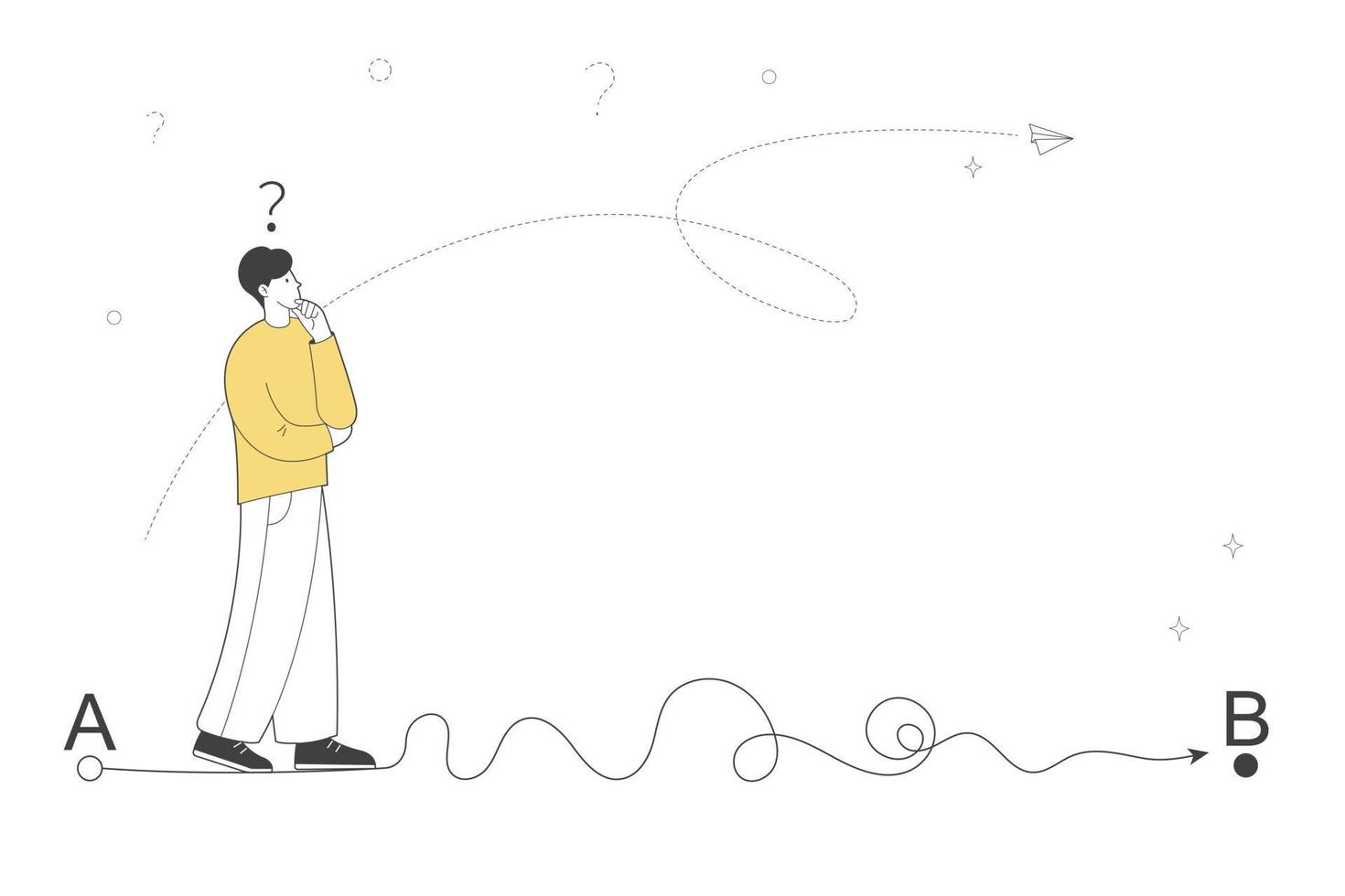 Winding and confusing road from point A to point B. Difficult path to the goal. Man stands in indecision, questions and uncertainty vector