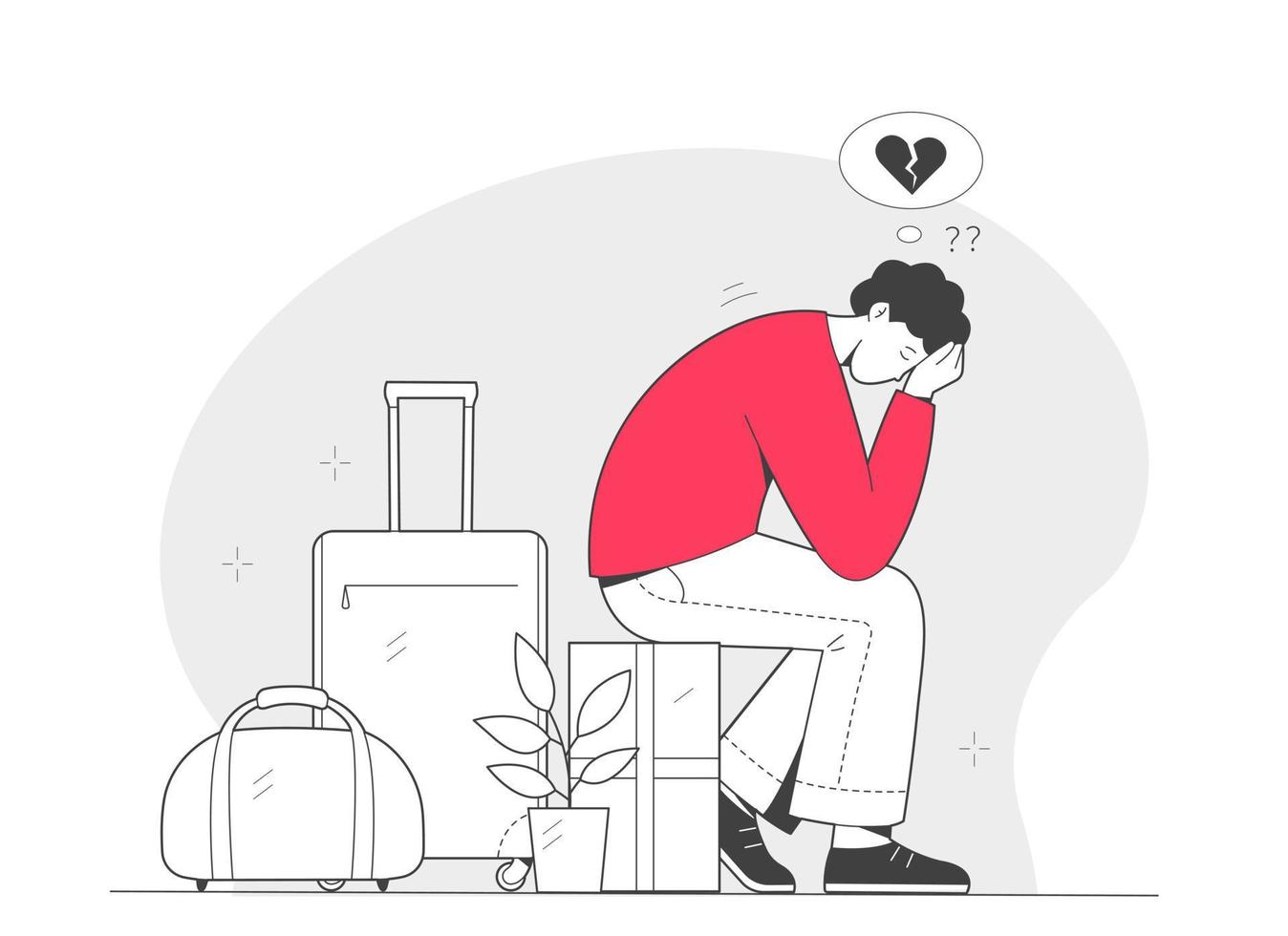 Marriage dissolution. Heartbroken alone sad young man sits with suitcase. Broken heart love breakups Despair Loneliness vector