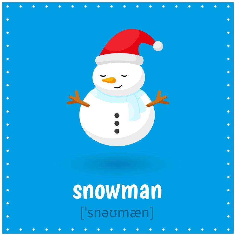 Learning cards for kids. Learn word with transcription. Snowman. Educational worksheets for kids. Preschool activity vector