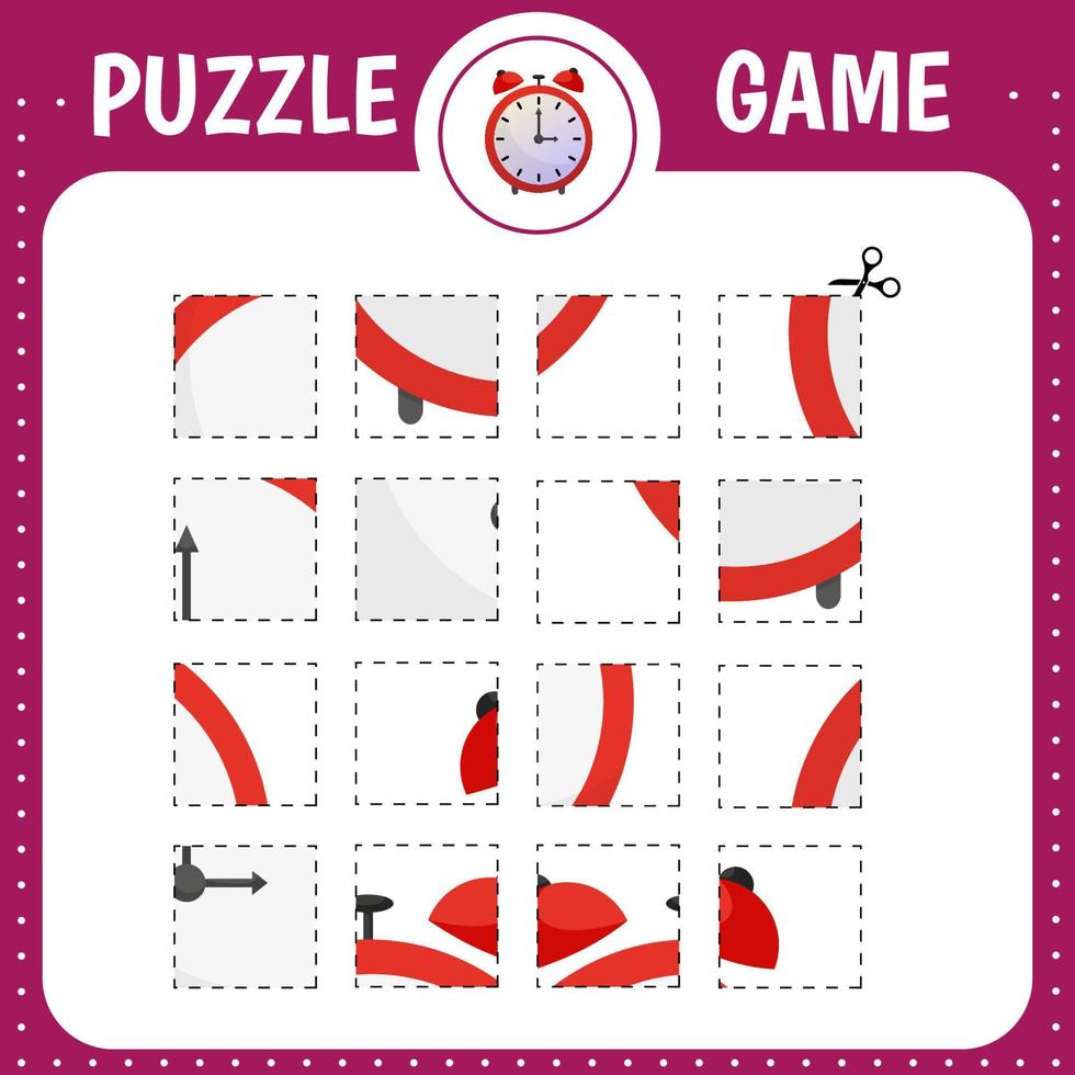 Puzzle game for kids. Cartoon alarm. Cutting practice. Education developing worksheet. Activity page. vector