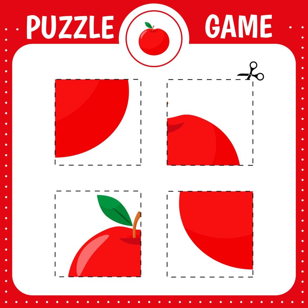 Puzzle game for kids. Cartoon apple. Cutting practice. Education developing worksheet. Activity page. vector