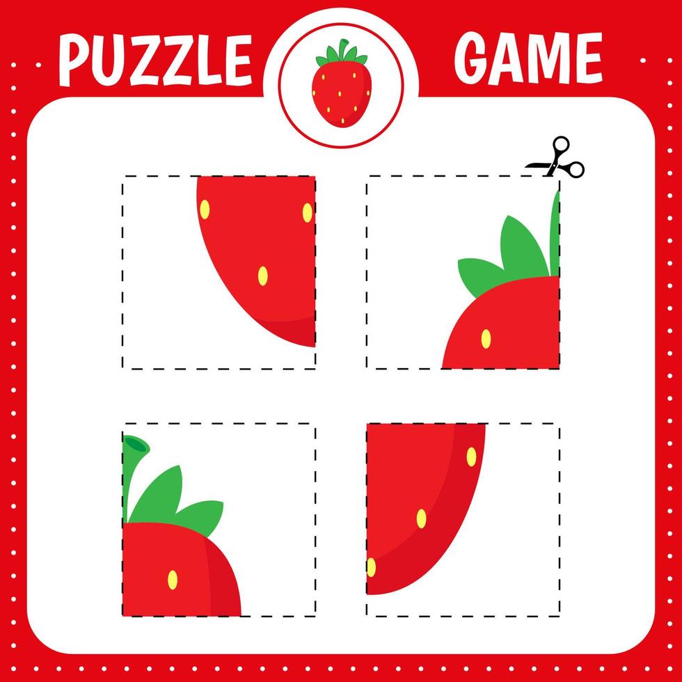 Puzzle game for kids. Cartoon strawberry. Healthy food. Cutting practice. Education developing worksheet. Activity page. vector