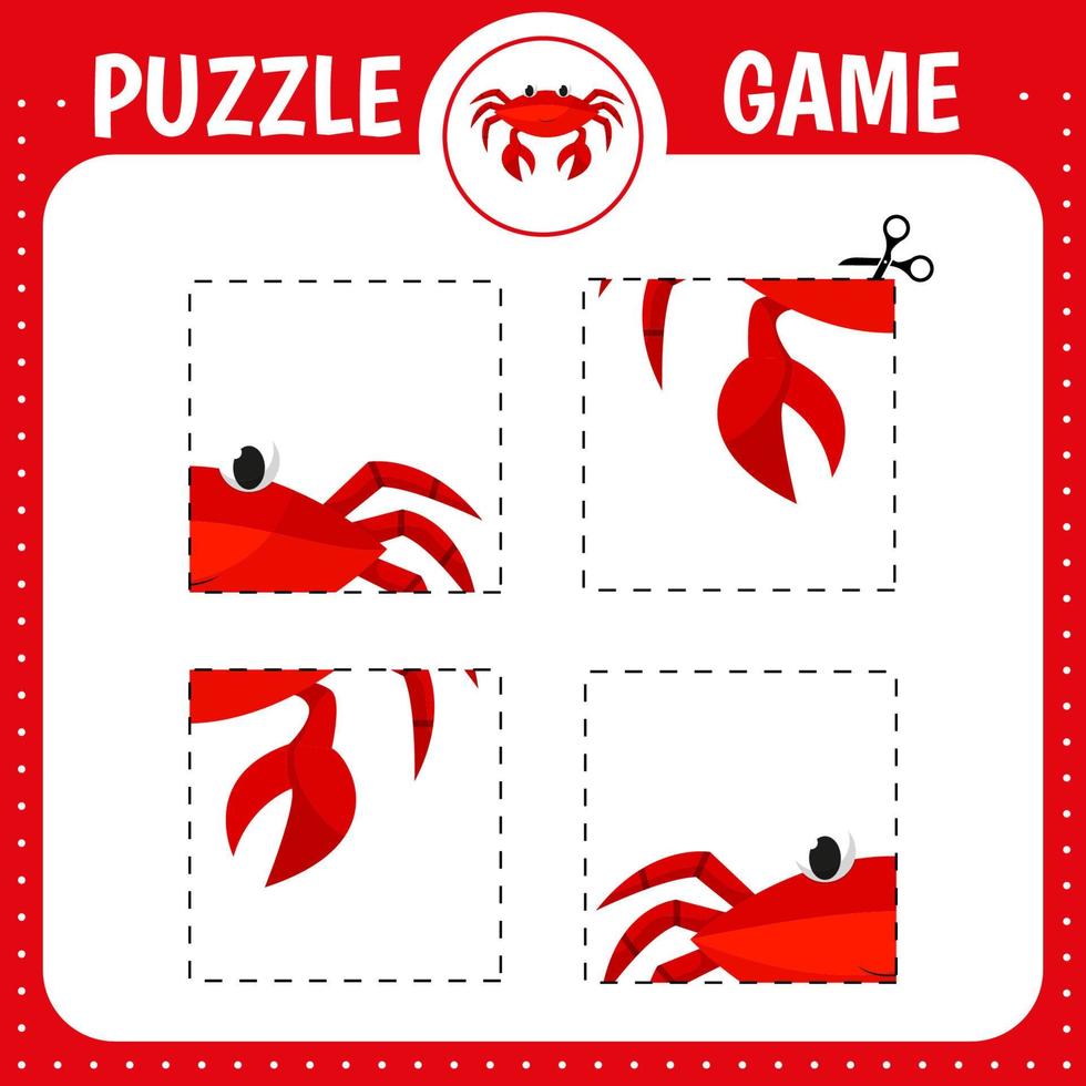 Puzzle game for kids. Cartoon crab. Cutting practice. Education developing worksheet. Activity page. vector